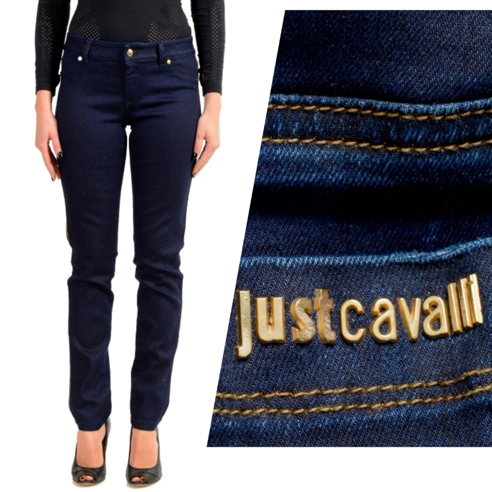 Just Cavalli $495 Just Chic Mid Rise Dark Blue Cotton Stretch Skinny Jeans sz 27